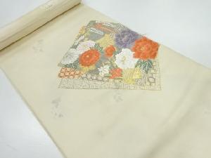 アンティーク　色紙に牡丹・菊模様織出し名古屋帯地反物